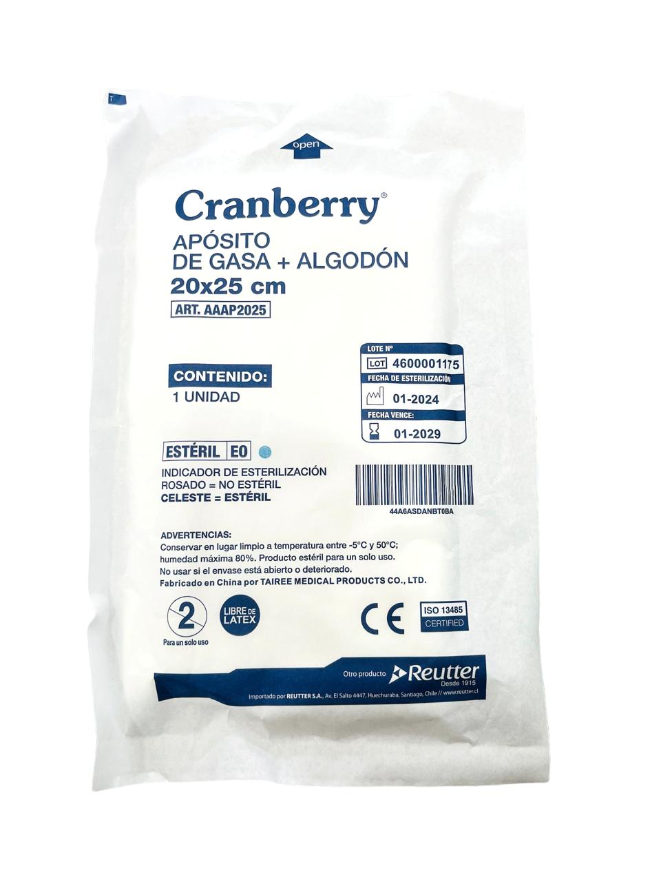 Apósito Gasa + Algodón esterilizado 20 x 25  Cranberry 1 Unidad o Bolsa de 10 unidades