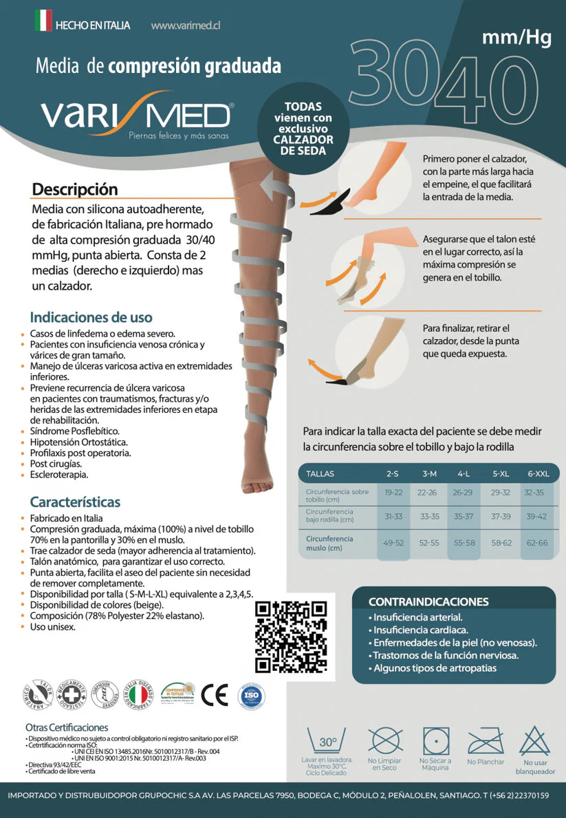 Media Varimed | Hasta El Muslo | Compresión Graduada 30-40 mmHg | Microfibra | Punta Abierta | Con Calzador