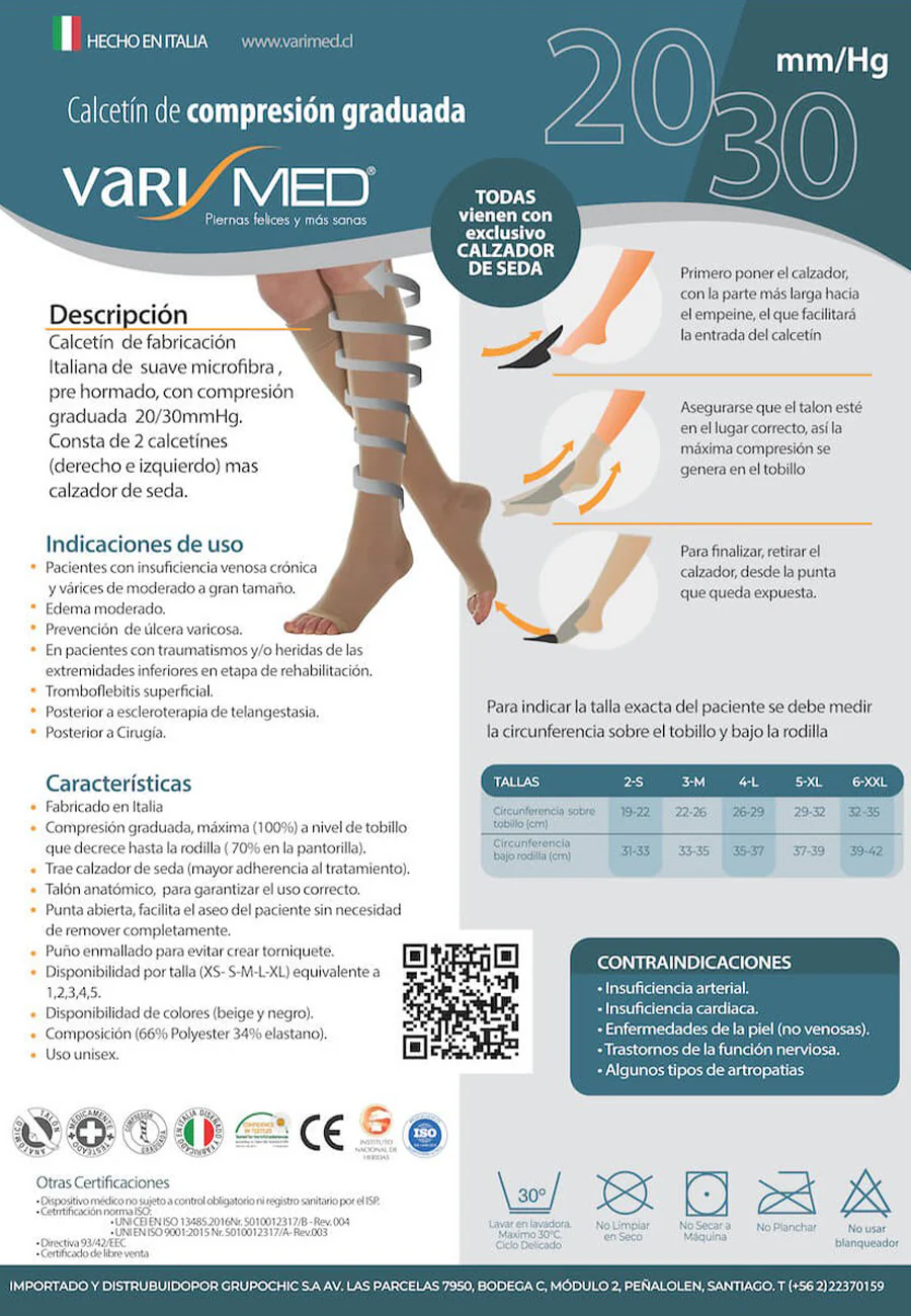 Calcetín de Compresión Graduada 20-30 mmHg | Varimed® 280 DEN | Punta Abierta + Calzador Incluido | Hasta la Rodilla