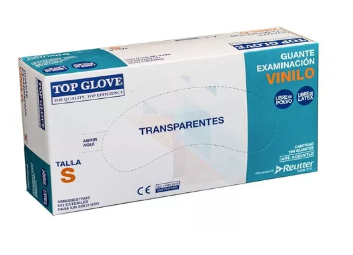 Guante Examinación Vinilo Top Glove Reutter Libre Latex/Polvo Blanco Tallas S/M/L 100 Unidades