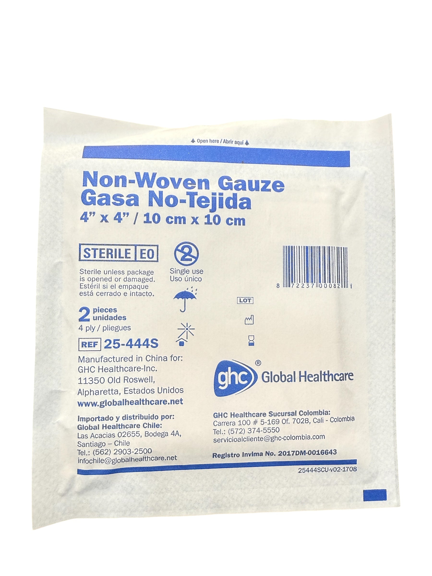 Gasa Estéril No Tejida | 10 x 10 cm x 2 unidades | Global Healthcare