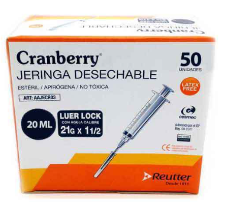 Jeringa Desechable 20 ML Luer Lock  Cranberry con aguja 21 G x 1 1/2