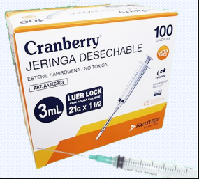 Jeringa Desechable 3 ML Luer Lock  Cranberry con aguja 21 G x 1 1/2