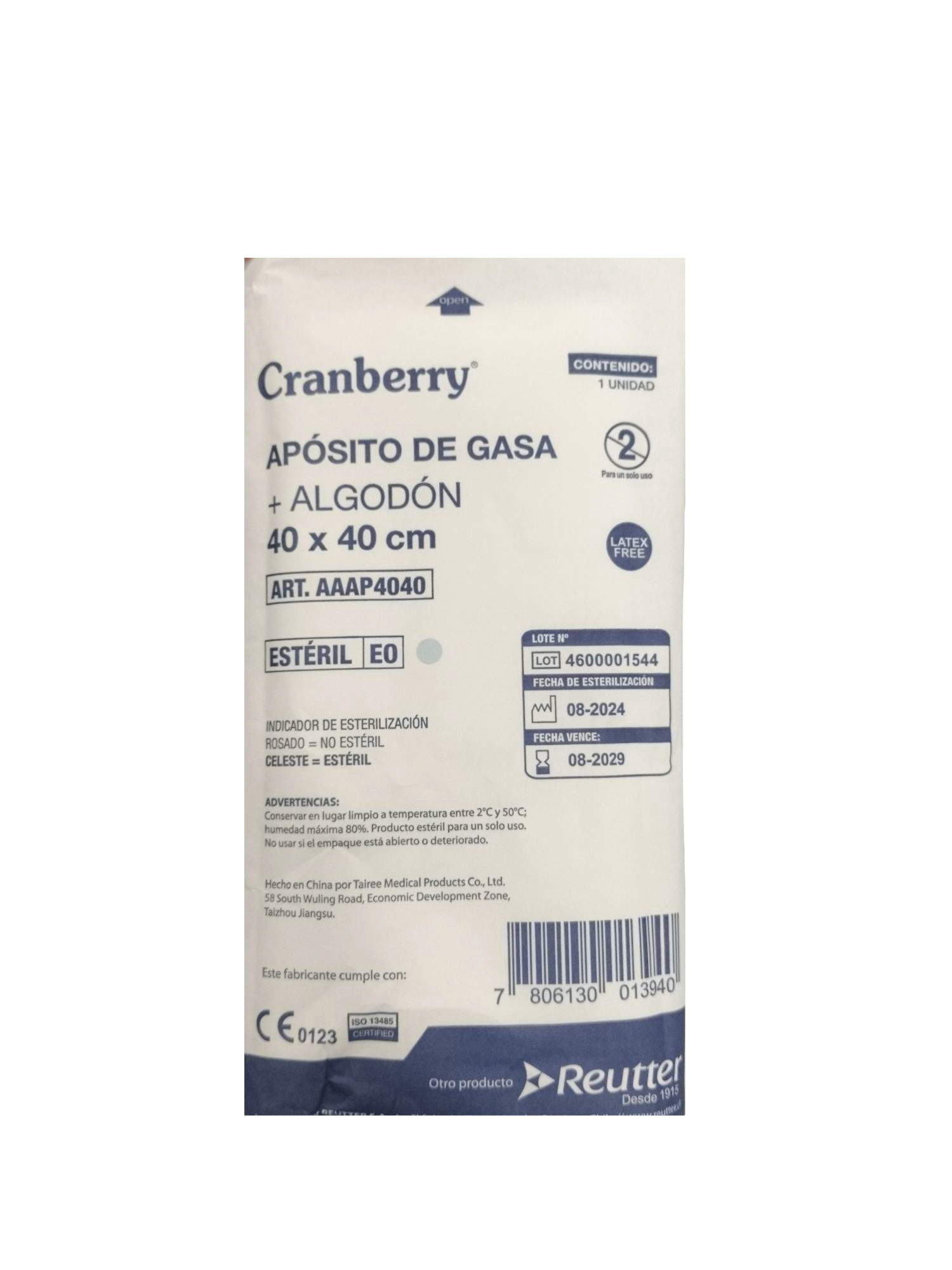 Apósito De Gasa + Algondón | 40 x 40 | Cranberry | 3 Unidades