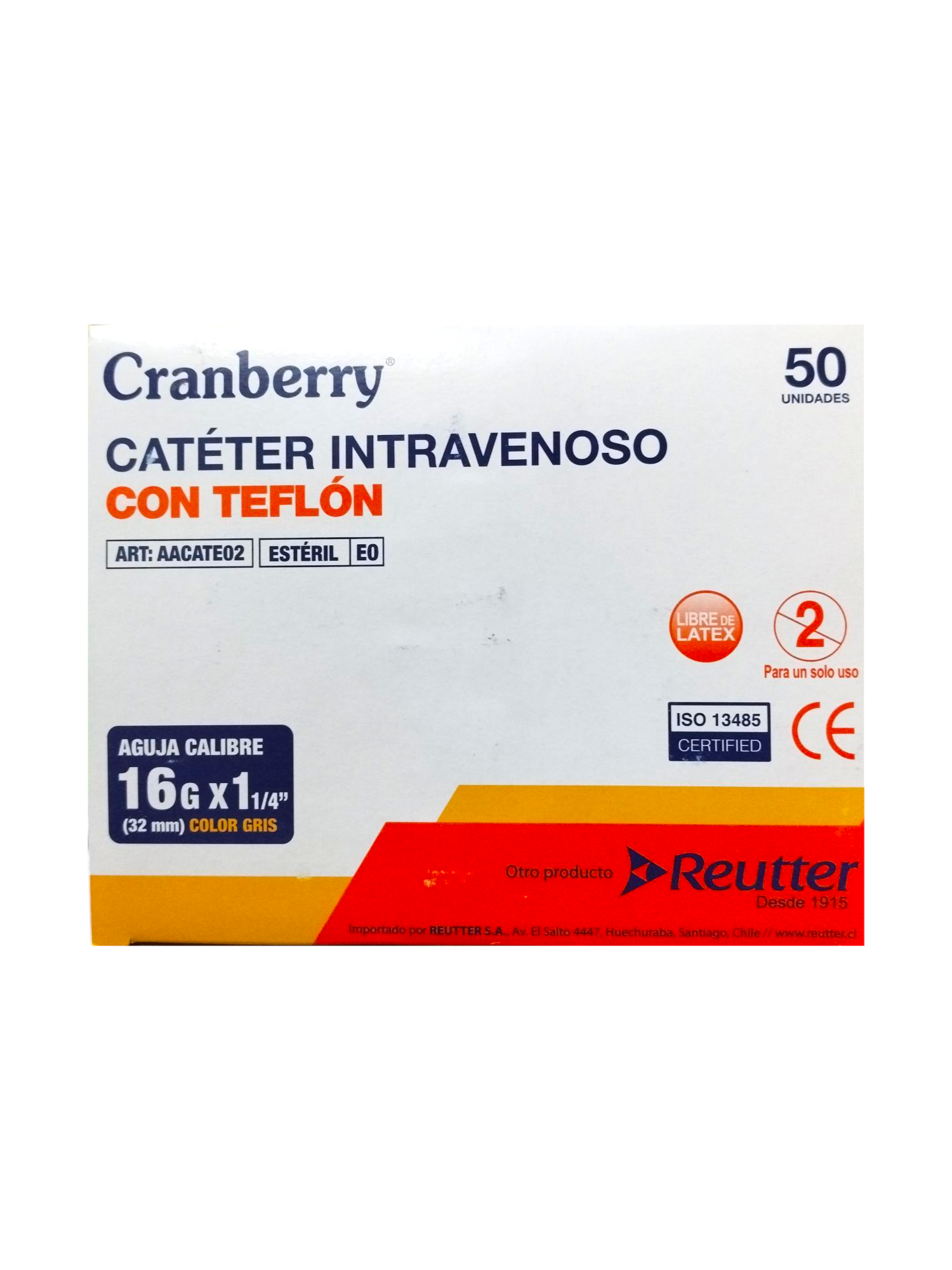 Catéter/Bránula Intravenosa | Con Teflón | 16G X 1 1/4 1 UN | Cranberry