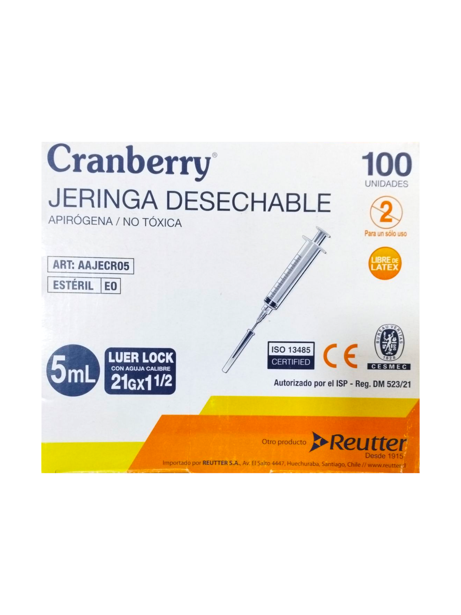 Jeringa Desechable 5 ML Luer Lock  Cranberry con aguja 21 G x 1 1/2